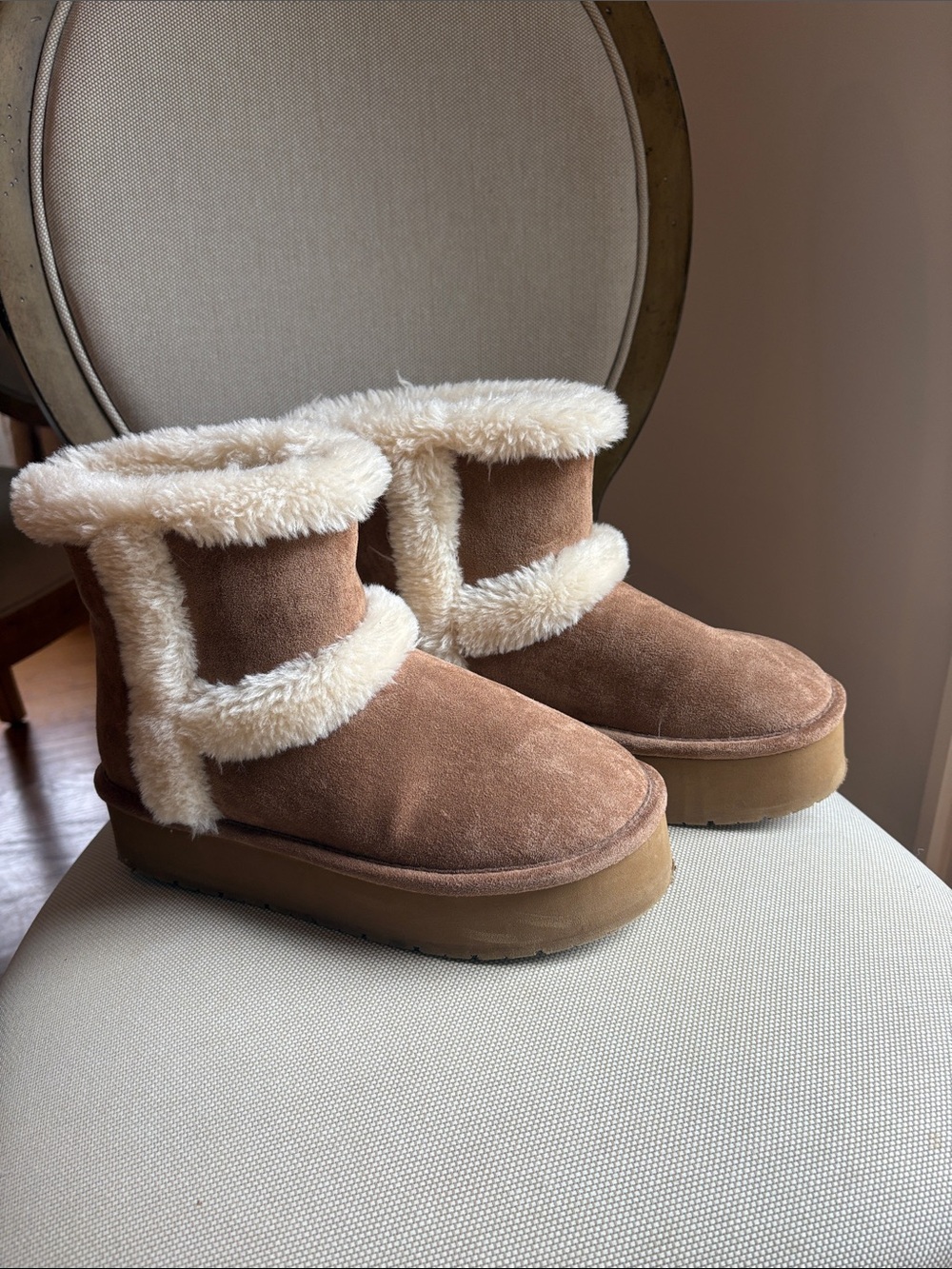 Madden Girl Shearling-Lined Suede Boots - Brown/Cream size 8